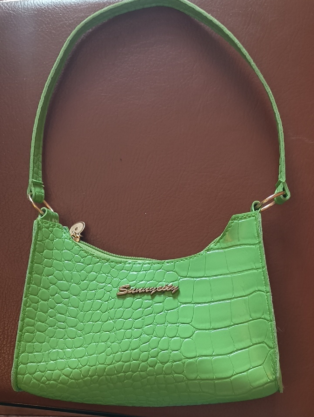 Croc-Embossed Green Shoulder Bag with Gold Accent